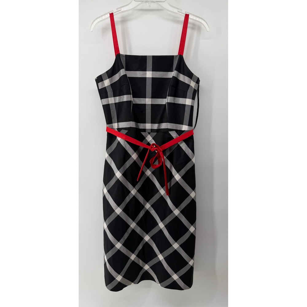 DUE per DUE Veste Women Black White Plaid 100% Silk Sheath Dress Red Accents 4